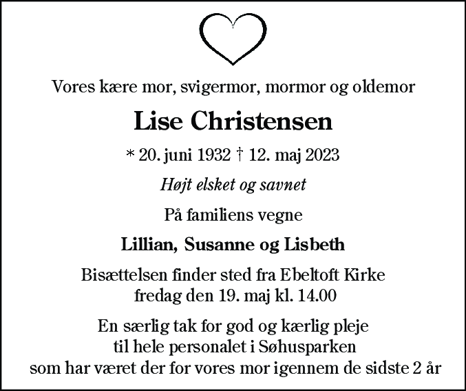 Dødsannonce for Lise Christensen