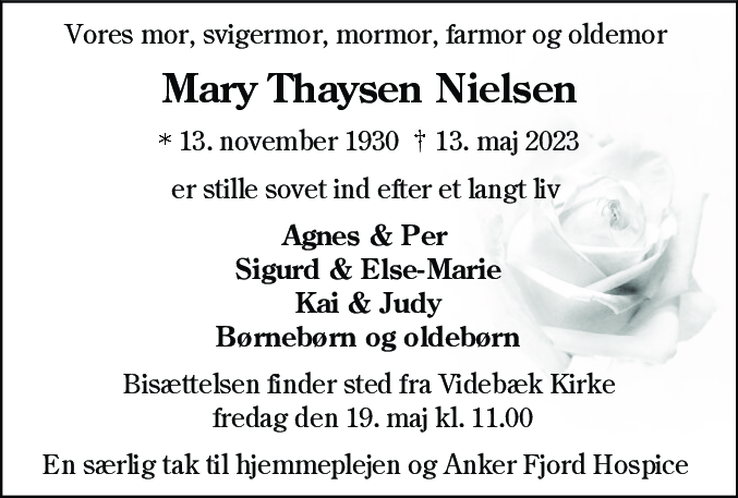 Dødsannonce for Mary Thaysen Nielsen