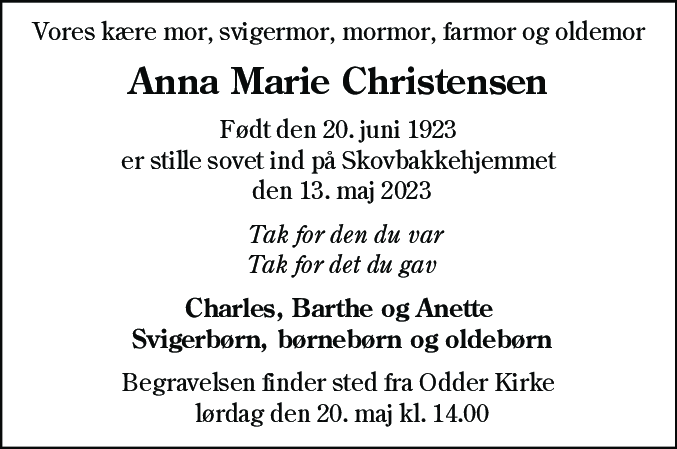 Dødsannonce for Anna Marie Christensen