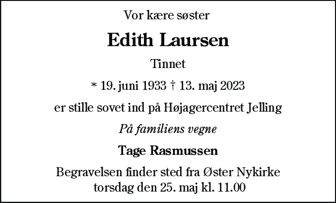 Dødsannonce for Edith Laursen