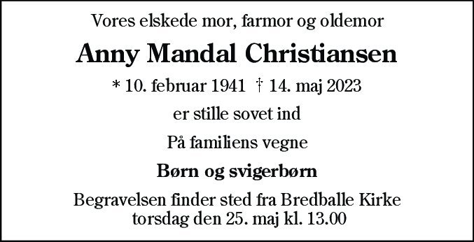 Dødsannonce for Anny Mandal Christiansen