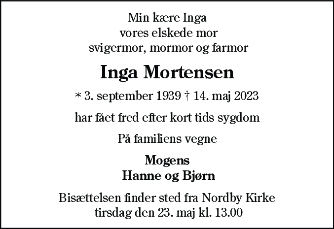 Dødsannonce for Inga Mortensen