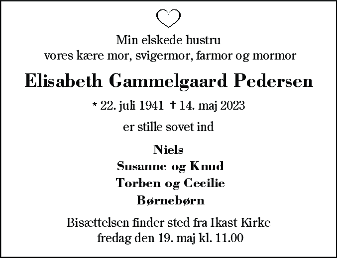Dødsannonce for Elisabeth Gammelgaard Pedersen