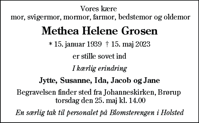 Dødsannonce for Methea Helene Grosen