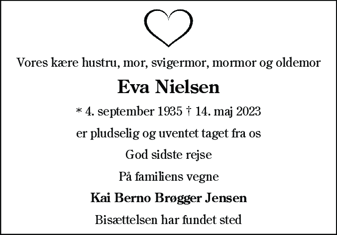 Dødsannonce for Eva Nielsen