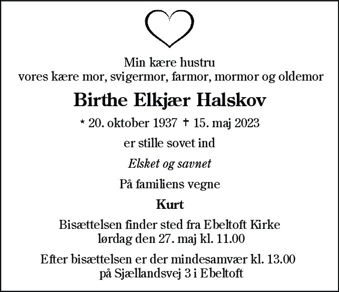 Dødsannonce for Birthe Elkjær Halskov