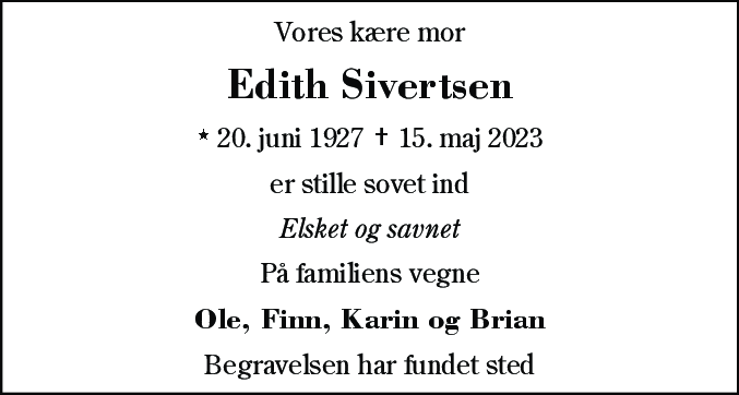 Dødsannonce for Edith Sivertsen