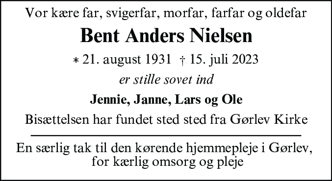 Dødsannonce for Bent Anders Nielsen