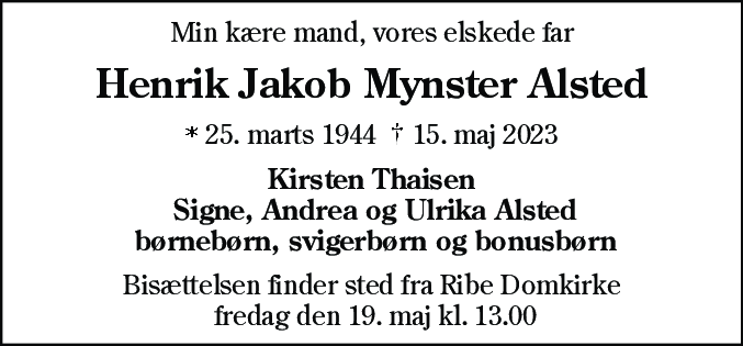 Dødsannonce for Henrik Jakob Mynster Alsted