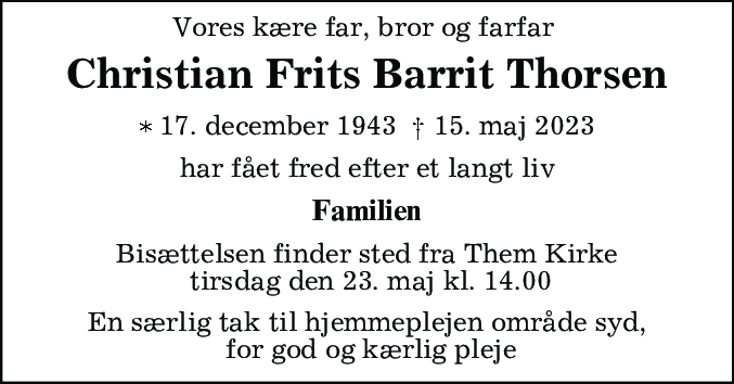 Dødsannonce for Christian Frits Barrit Thorsen