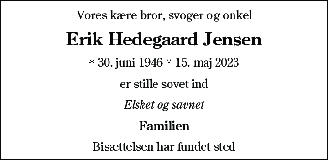 Dødsannonce for Erik Hedegaard Jensen
