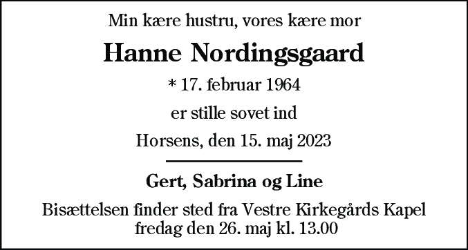 Dødsannonce for Hanne Nordingsgaard