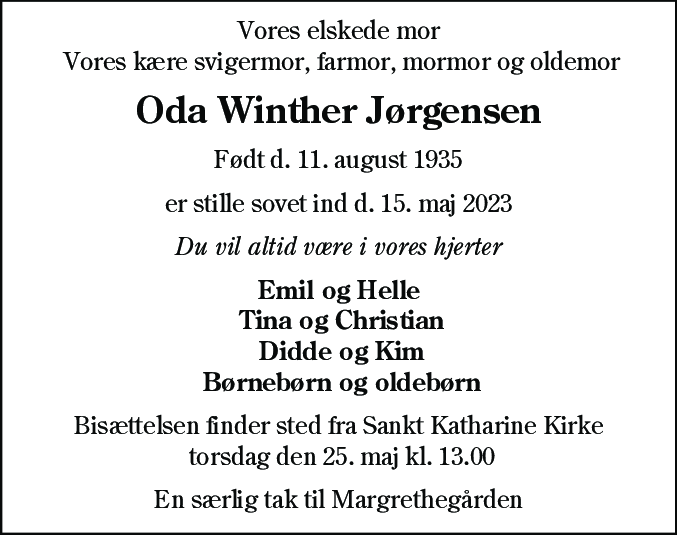 Dødsannonce for Oda Winther Jørgensen