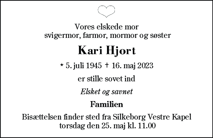 Dødsannonce for Kari Hjort