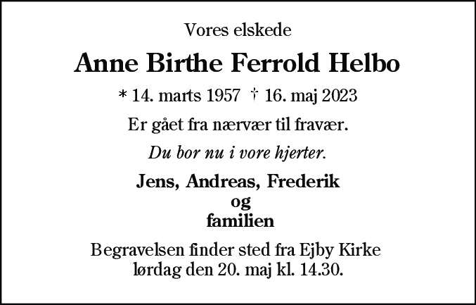 Dødsannonce for Anne Birthe Ferrold Helbo