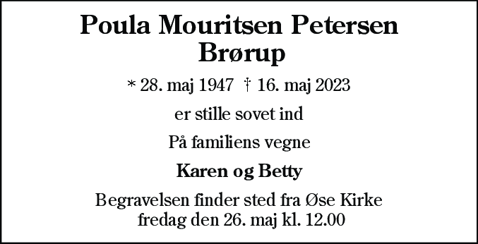 Dødsannonce for Poula Mouritsen Petersen