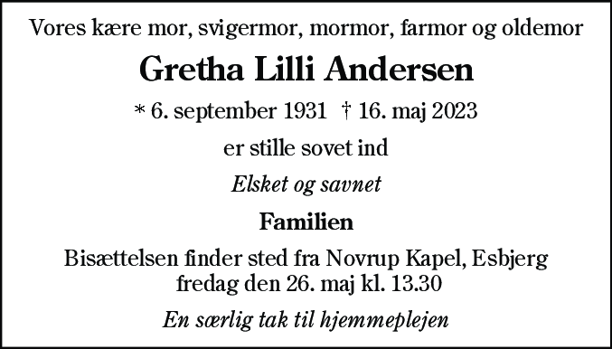 Dødsannonce for Gretha Lilli Andersen