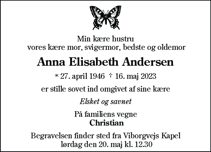 Dødsannonce for Anna Elisabeth Andersen