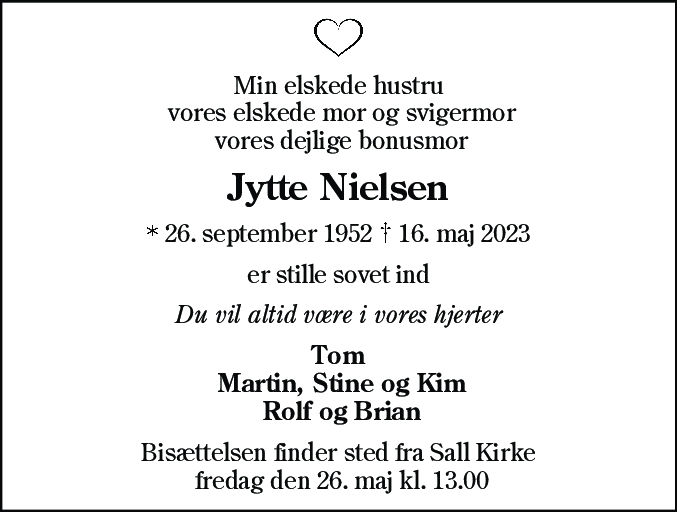 Dødsannonce for Jytte Nielsen