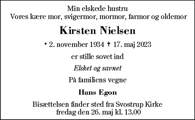 Dødsannonce for Kirsten Nielsen