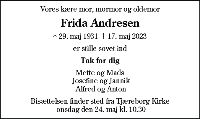 Dødsannonce for Frida Andresen