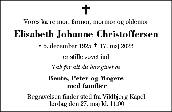 Dødsannonce for Elisabeth Johanne Christoffersen