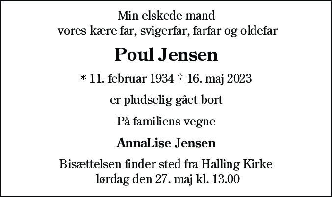 Dødsannonce for Poul Jensen