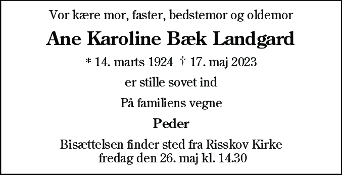 Dødsannonce for Ane Karoline Bæk Landgard
