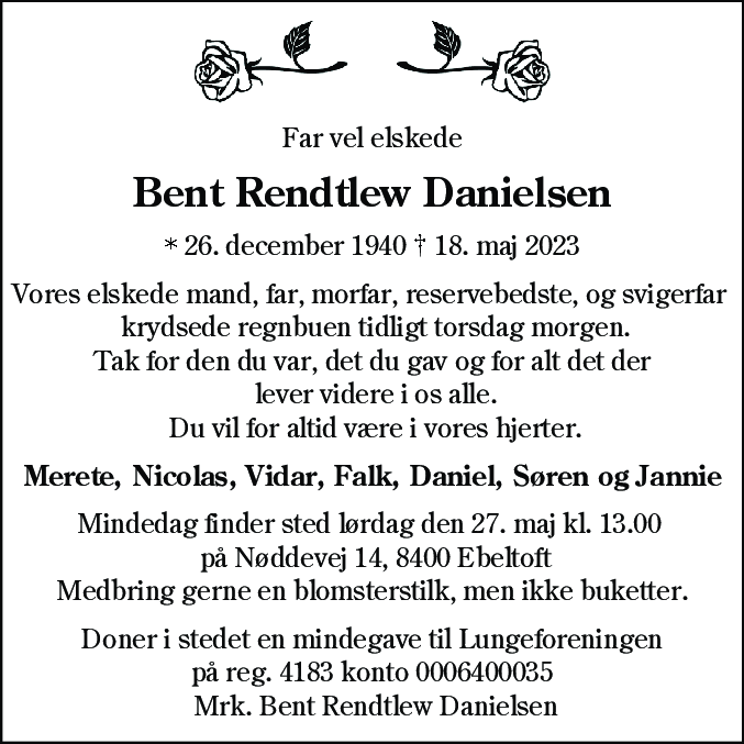 Dødsannonce for Bent Rendtlew Danielsen