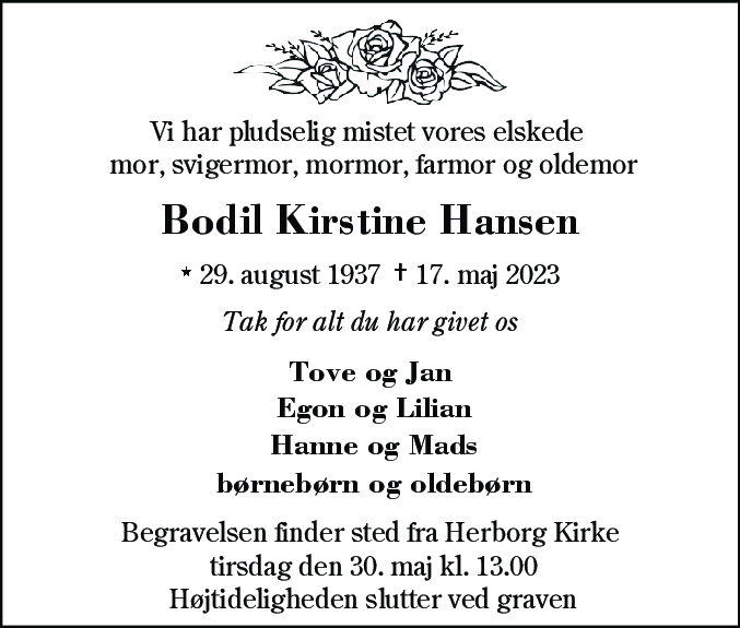 Dødsannonce for Bodil Kirstine Hansen
