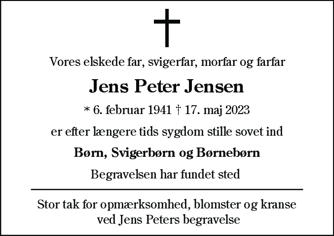 Dødsannonce for Jens Peter Jensen