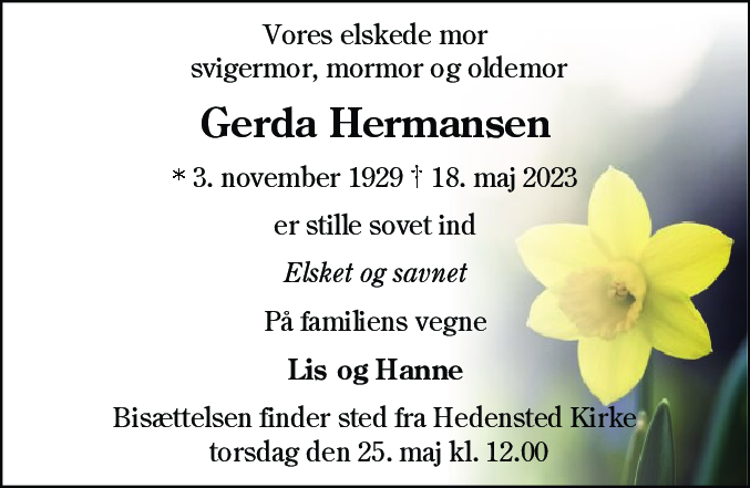 Dødsannonce for Gerda Hermansen