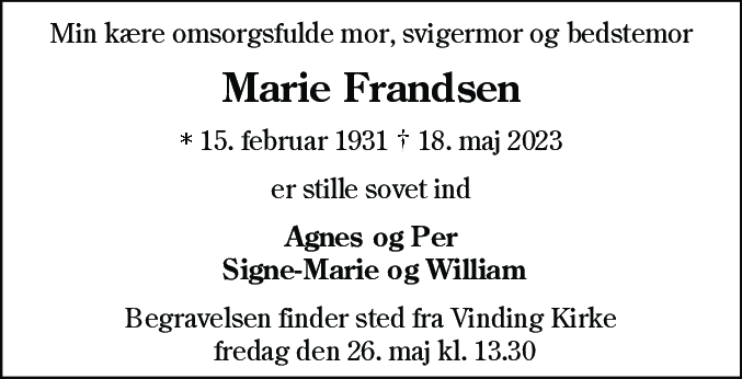 Dødsannonce for Rita Marie Hedegaard Frandsen