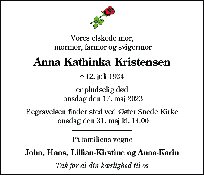 Dødsannonce for Anna Kathinka Kristensen