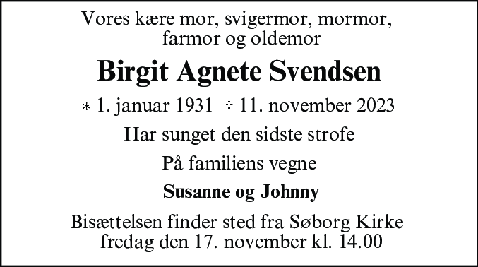 Dødsannonce for Birgit Agnete Svendsen
