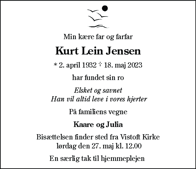 Dødsannonce for Kurt Lein Jensen