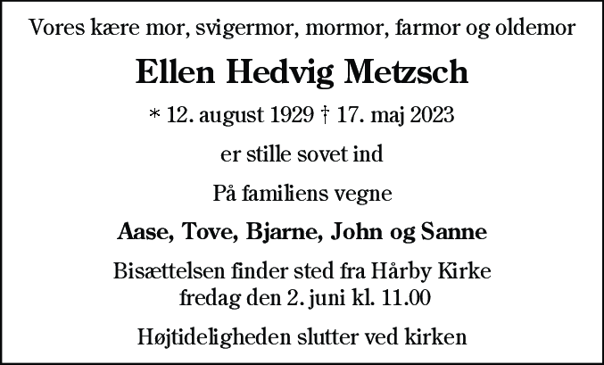 Dødsannonce for Ellen Hedvig Metzsch