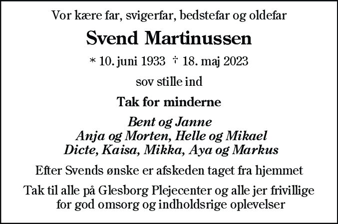 Dødsannonce for Svend Martinussen