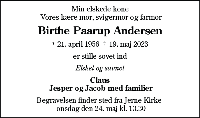 Dødsannonce for Birthe Paarup Andersen