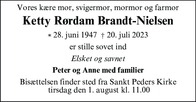Dødsannonce for Ketty Rørdam Brandt-Nielsen