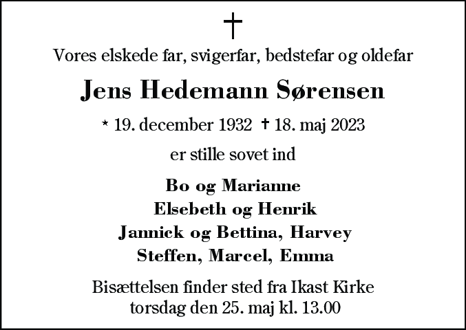 Dødsannonce for Jens Hedemann Sørensen