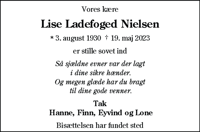 Dødsannonce for Lise Ladefoged Nielsen