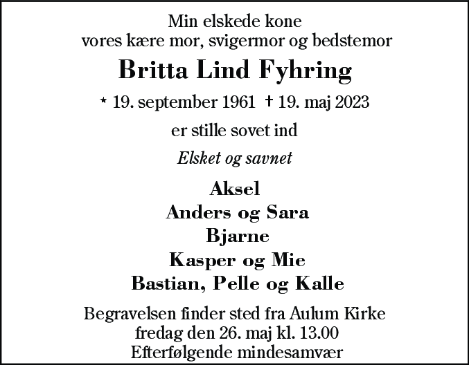 Dødsannonce for Britta Lind Fyhring