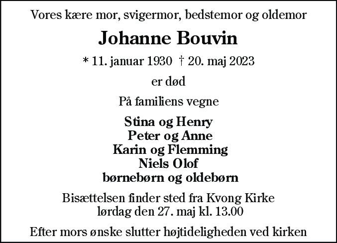 Dødsannonce for Krista Johanne Bouvin