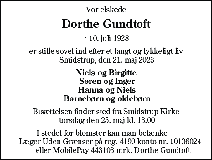 Dødsannonce for Dorthea Gundtoft