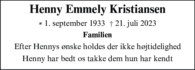 Dødsannonce for Henny Emmely Christiansen