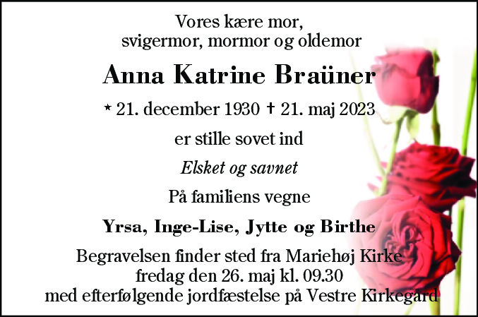 Dødsannonce for Anna Katrine Braüner