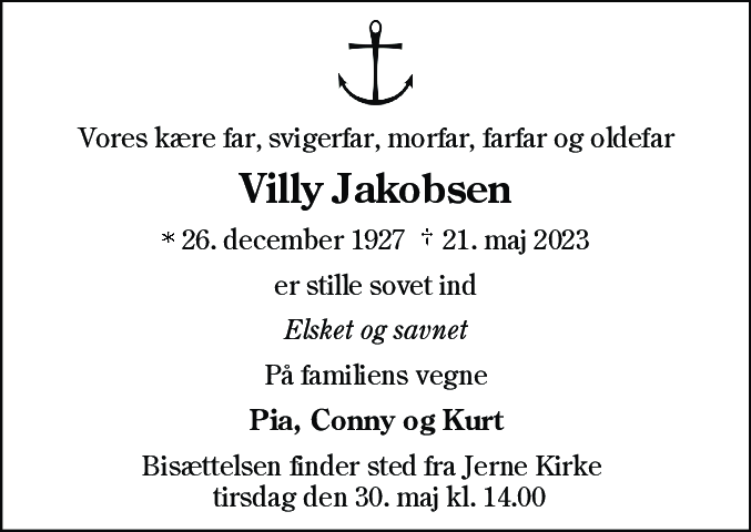 Dødsannonce for Villy Jakobsen