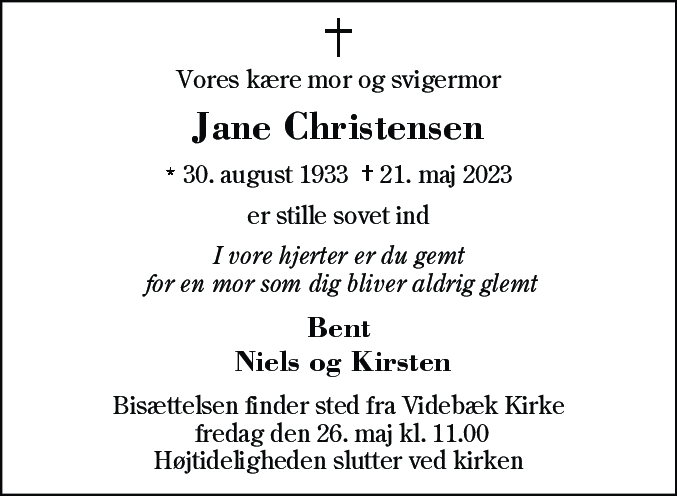 Dødsannonce for Jane Christensen