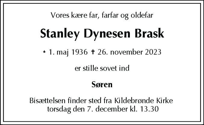 Dødsannonce for Stanley Dynesen Brask